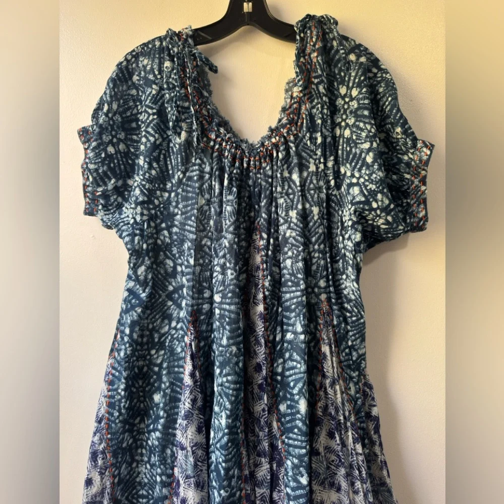 Free People Jet Set Mini Dress Blue Indigo Boho Off Shoulder Abstract